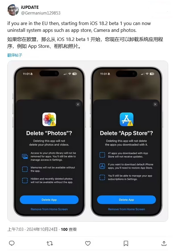 沙洋苹果手机维修分享iOS 18.2 支持删除 App Store 应用商店 