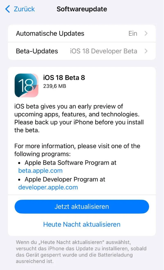 沙洋苹果手机维修分享苹果 iOS / iPadOS 18 开发者预览版 Beta 8 发布 